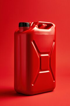 Bright red plastic gas can sits centered against a matching seamless solid red background