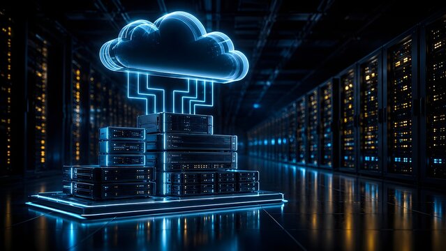 Glowing digital cloud symbol connected to a server stack in a futuristic data center representing cloud computing and network storage