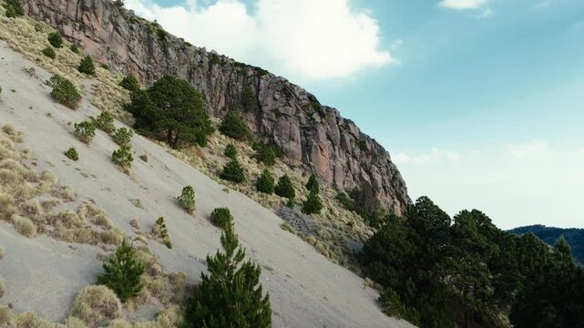 Los Arenales volcanic area at Nevado de Colima (Zapotepetl) National Park, steep ash covered slope, rocky cliff and scattered pine trees in Jalisco, Mexico. Slow motion dolly in aerial view.