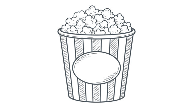 Detailed popcorn bucket line art illustration showing crunchy salty snacks inside a striped paper container