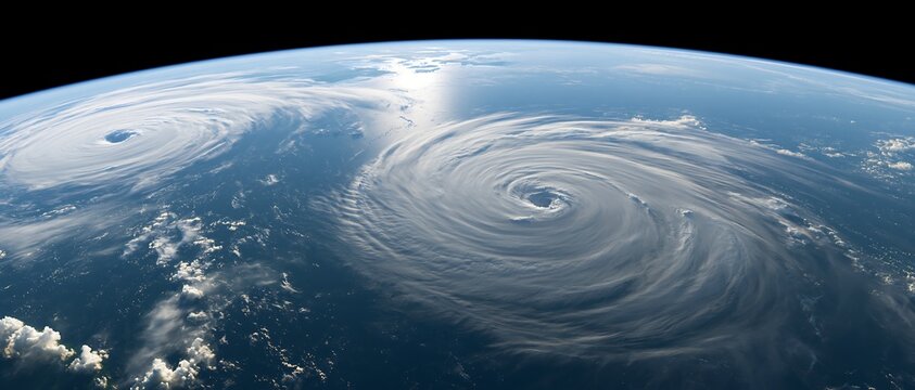 Two tropical cyclones swirling over the ocean viewed from space, illustrating extreme weather, simultaneous storms, climate risk, forecasting and disaster preparedness
