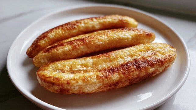 Golden brown bananas resting on a white ceramic plate near a kitchen window during the day