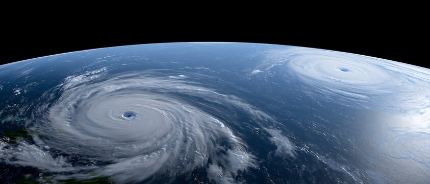 Two powerful tropical cyclones over the ocean seen from orbit, representing simultaneous hurricanes, severe weather monitoring, storm warnings and emergency planning