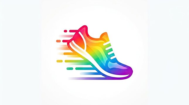 Speeding rainbow running shoe icon with motion lines.