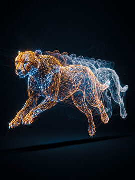 Digital cheetah running at high speed in futuristic plexus style.