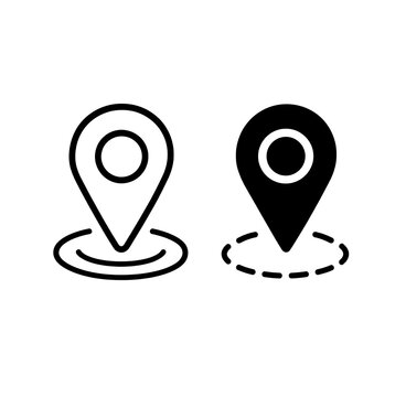 Set of black map location pins showing GPS navigation marker icons isolated on white background for travel route mapping destination pinpoint and geolocation.
