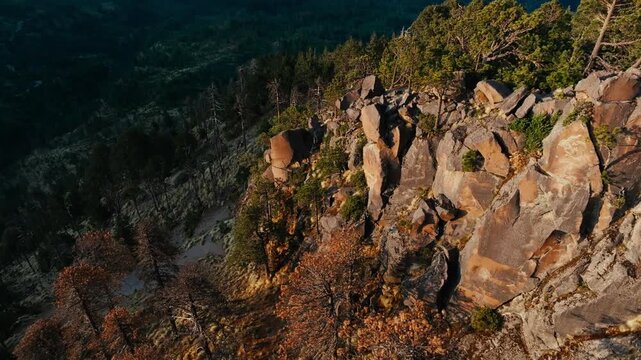 Nevado de Colima (Zapotepetl) National Park showing rugged rocky cliffs, pine forest and steep volcanic mountainside in Jalisco, Mexico. Aerial view.
