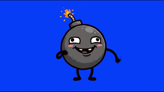 A funny cartoon bomb mascot character with a lit burning fuse running excitedly isolated on a bright blue chroma key background. Great for action game animations, comedic video effects, explosive moti