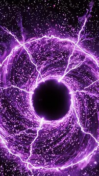 Vibrant purple energy vortex with swirling particles and electric arcs, set against a starry cosmic background, creating a mesmerizing visual effect of motion and depth
