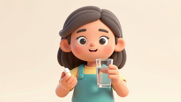 Cute 3D Cartoon Girl Holding Glass of Water and Taking Vitamin Pill