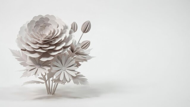 Beautiful bouquet of paper flowers with a large peony and daisies isolated on white background