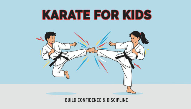 Talented boy and girl kids practicing karate kicks on light blue background with text Karate for Kids in flat vector.