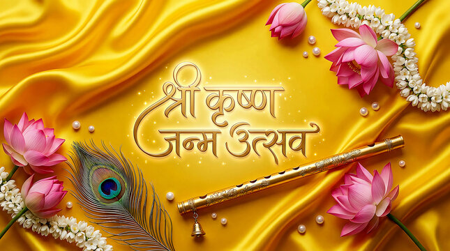 Celebrate Shri Krishna Janmotsav with divine joy, vibrant lotus flowers, golden silk drapery, and a sacred bansuri flute. Enhance your festive designs with this elegant, high-quality holiday artwork.