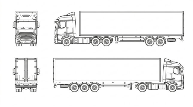Semi Truck with Cargo Trailer Vector Blueprint Outline Drawings