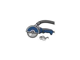 Naklejka premium Blue Electric Cast Saw With Vacuum Hose And Safety Glasses Vector Illustration