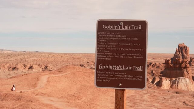 Goblin's Lair and Goblette's Lair Trails Sign in Goblin Valley State Park, Utah USA