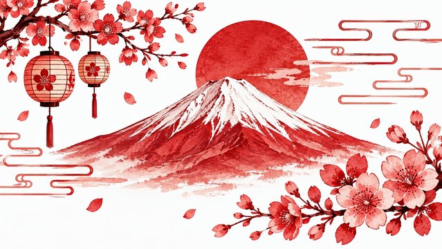 Pixel art mount fuji with cherry blossoms and red sun in japan style