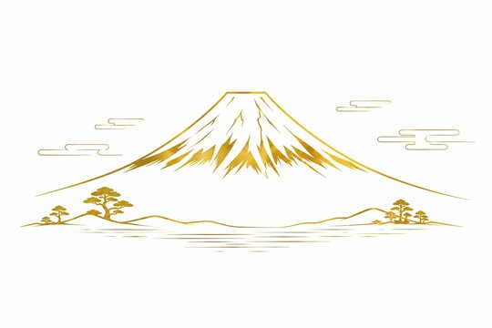Golden outline illustration of mount fuji in japan on white background