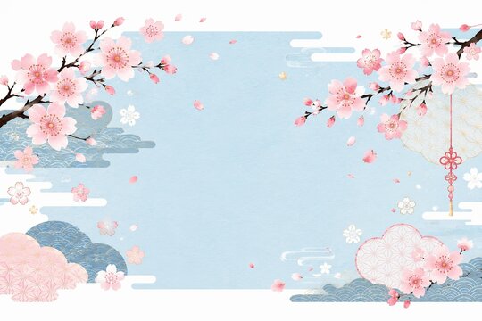 Beautiful pink cherry blossom flowers on blue japanese style background