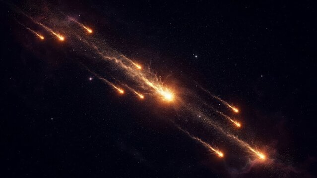 A dramatic cosmic scene featuring a bright celestial explosion with multiple glowing meteorlike streaks traveling through deep space