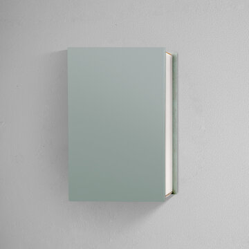 Minimalist top-down view of a closed sage green book on a textured gray background. Mockup or Copyspace