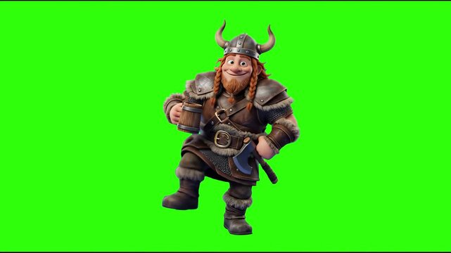 A jovial 3D Viking dwarf character with a red beard, horned helmet, and small axe, performing a energetic jig against a chroma key green screen background. Great for easy video editing keying, fantasy