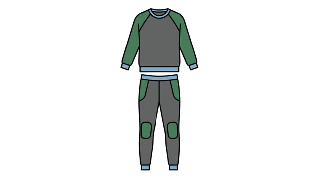 Casual grey and green sport tracksuit set consisting of a sweatshirt and matching sweatpants with knee patches.