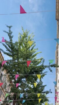 Festive decoration for celebration in street of Porto, Portugal with colorful flags hanging over street for traditional holiday or event of religious saint or national day. POV from phone in UGC style