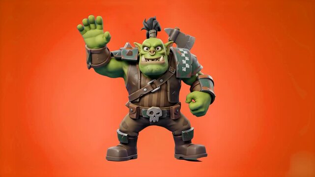A stylized 3D green orc warrior in leather armor with an axe on his back, raising a hand in a friendly wave and dance pose against a bright orange studio background. Perfect for gaming channels, fanta