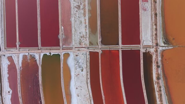 Salt evaporation ponds display vibrant red, pink, orange, and brown hues separated by white crystalline boundaries. Aerial perspective reveals the geometric grid pattern of the commercial salt lake.
