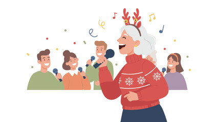 Fototapeta premium Happy senior woman wearing reindeer antlers singing karaoke at a festive Christmas party with supportive friends behind.