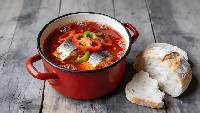 Traditional Hungarian Halaszle Fishermans Fish Soup in Red Kettle