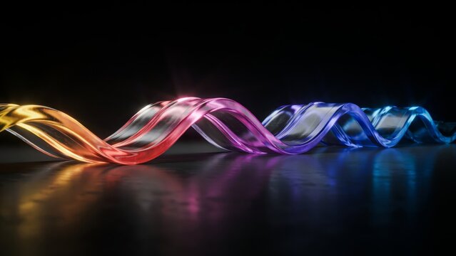 Abstract 3d render of a glowing colorful wave ribbon with a smooth gradient transition on a dark reflective surface