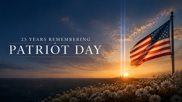 Honoring patriot day 25 years remembering the september 11 anniversary with a sunset view and american flag