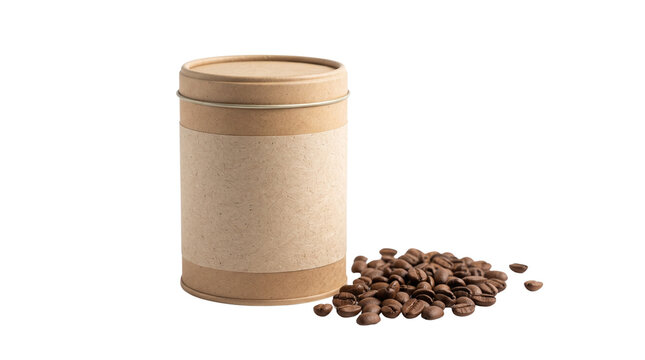 Eco-friendly cardboard coffee canister mockup, brown paper tube packaging with roasted coffee beans, minimalist product container on white background