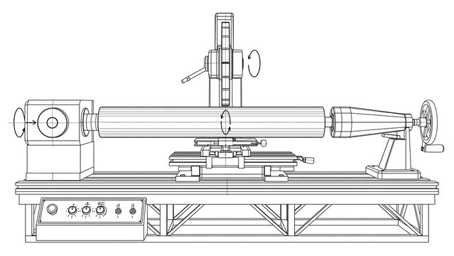 Industrial lathe machine white background.