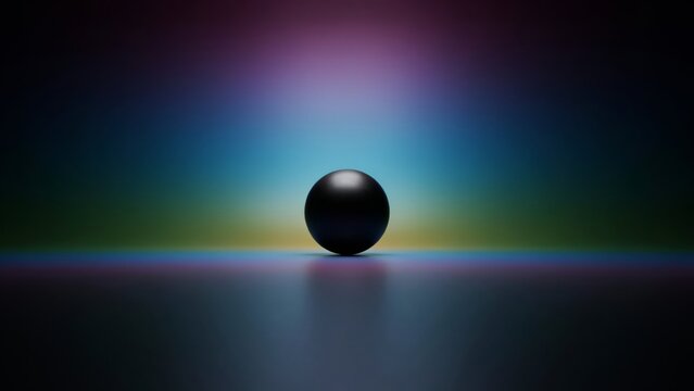 A minimalist black sphere centered against a vibrant, smooth gradient background with soft reflections on a dark surface