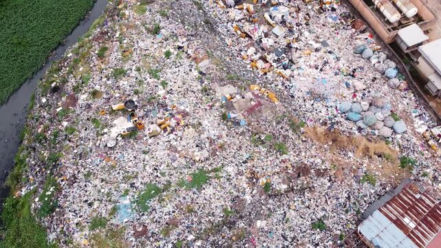 Aerial view of a large waste landfill situated in Ogun State, Nigeria. 