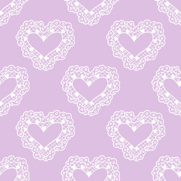 Seamless pattern of delicate openwork lacy heart. Vintage ruffle doily. Softcore aesthetic, romantic textiles. Hand drawing pink background for wedding, invitations, fabric, wrapping paper, stationery