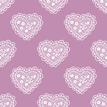 Seamless pattern of delicate openwork lacy heart with flowers rose and daisies. Vintage floral ruffle doily. Softcore aesthetic, romantic textiles. Hand drawing background