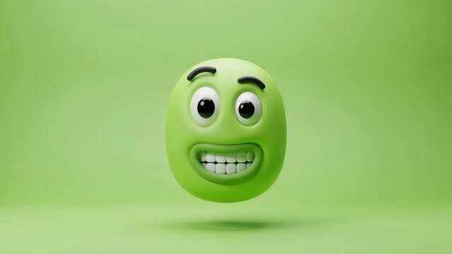 3d render of a cute green emoji face with a wide, friendly smile and expressive eyes, floating against a solid green background