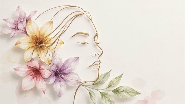 Elegant line art illustration of a womans profile adorned with delicate watercolor lilies and green leaves on a white background