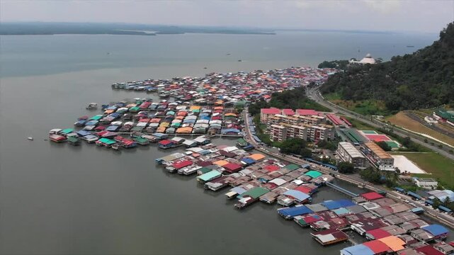 Aerial drone view of the stilt houses of Simsim Village in Sandakan Sabah