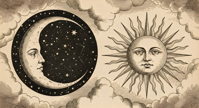 Vintage Engraving of Sun and Moon Faces Celestial Art with Clouds and Stars