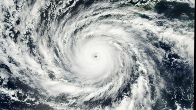 Satellite view of a powerful tropical cyclone or hurricane swirling over the ocean with a clearly defined eye in the center