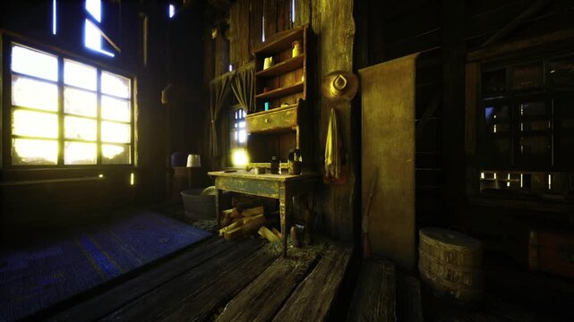 Glowing window illuminating wooden shelves and tools, quiet studio corner with dust motes and warm amber light, intimate creative space full of craft details