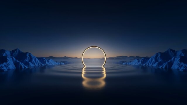 Glowing golden ring portal standing in calm dark water surrounded by icy blue mountains at twilight