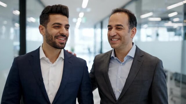 Modern office partnership, businessman male colleague trust, career success professional optimistic conversation. Two smiling men suits walking down hallway, conveying collaboration, positive