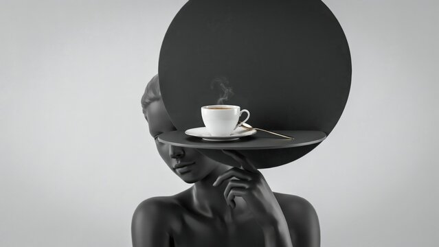 A black mannequin bust holding a small shelf with a steaming cup of coffee and a gold spoon against a minimalist gray background