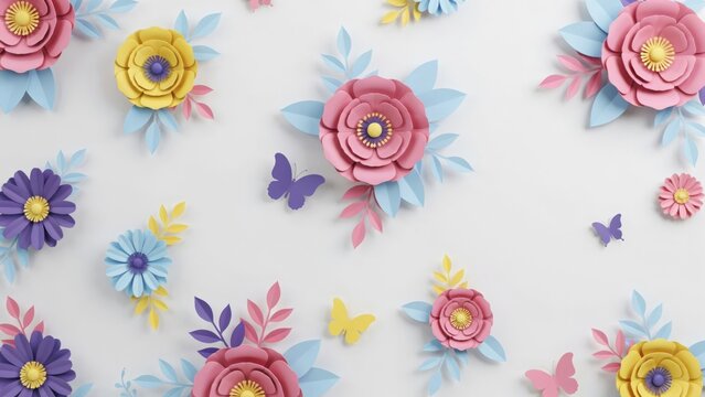 Beautiful paper craft flowers and butterflies arranged on a white background